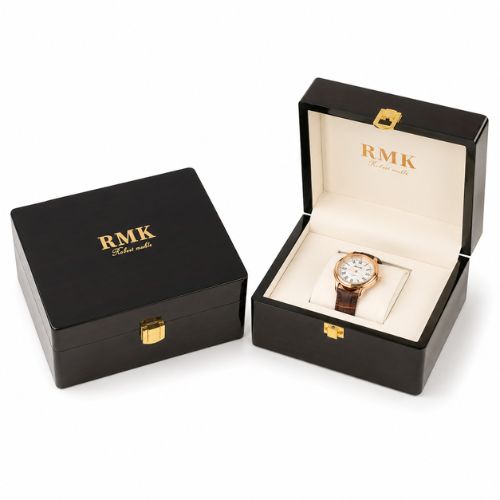 Gold foil logo wood watch box
