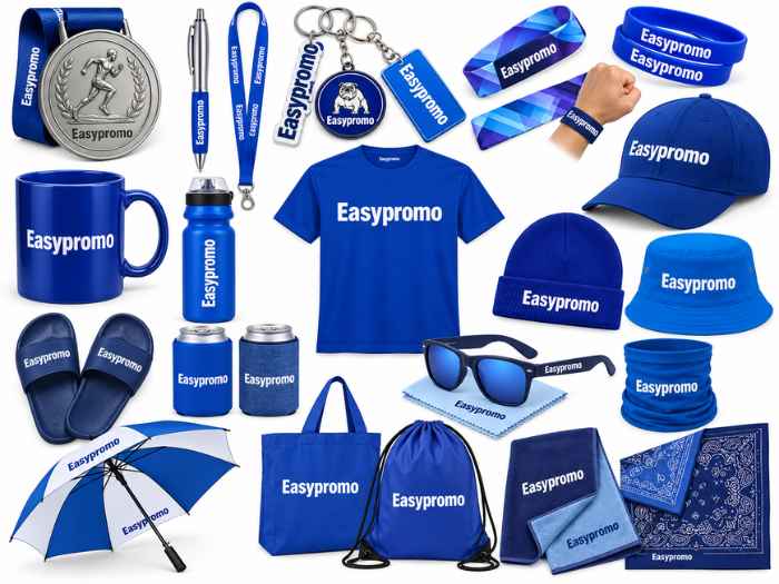 Blue promotional products for nonprofit organizations including T-shirts, caps, bottles, umbrellas, lanyards, medals and tote bags